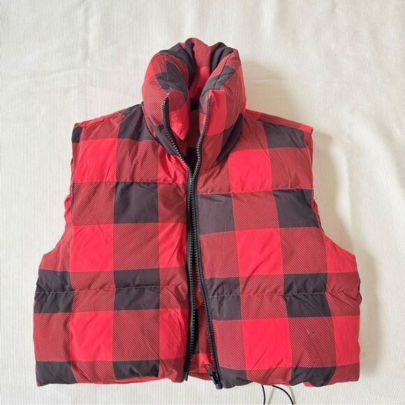 Womens Crop Jacket Sleeveless Puffer Plaid Colorful Red Black Zip Ski Vest Small - Picture 1 of 2